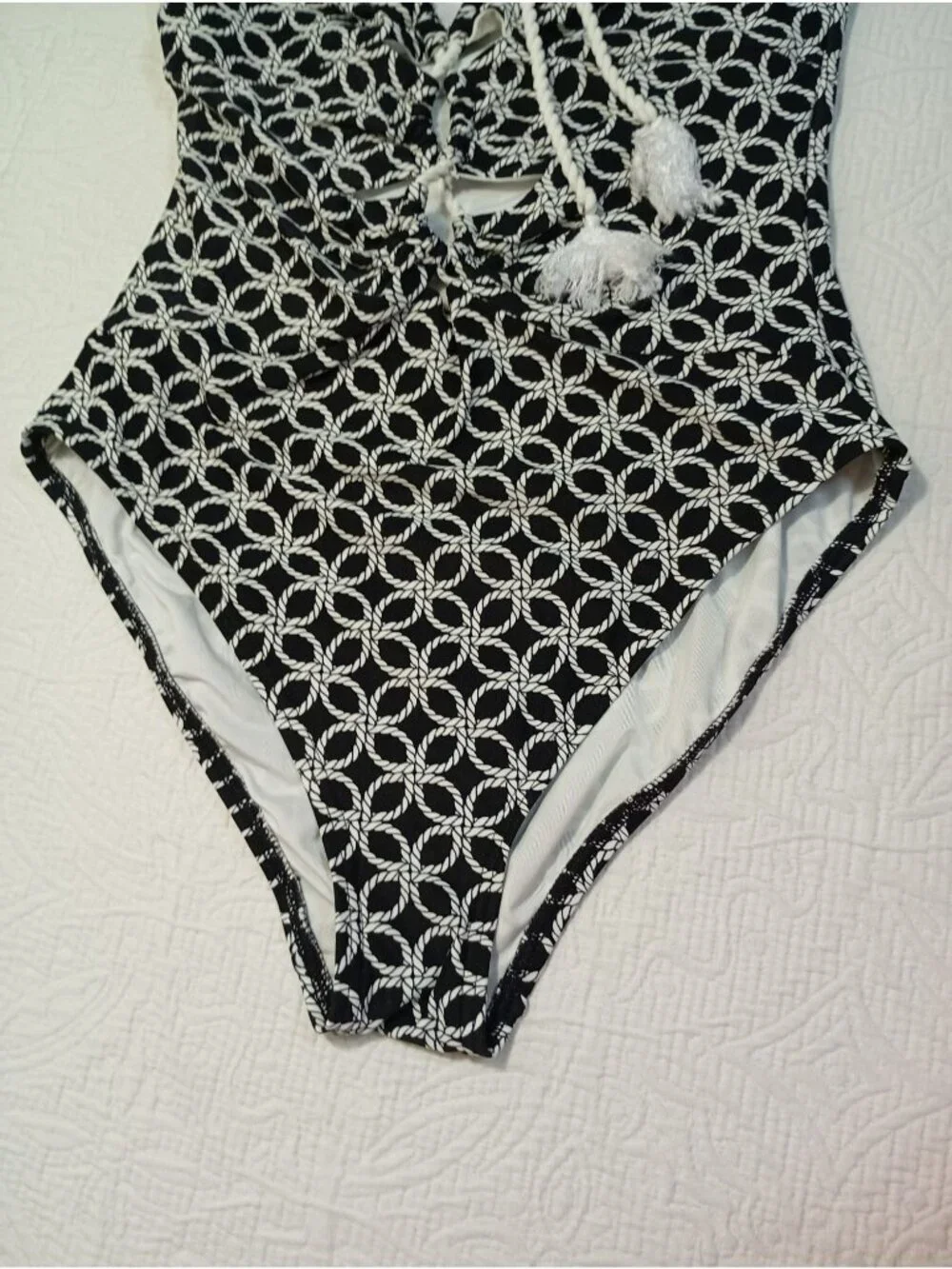 Michael Kors Black & White Rope Print One-Piece Swimsuit Sz 12 Tassel Tie Front